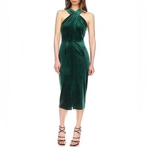 Michael Kors Stretch Velvet Sleeveless Twist Neck Midi Dress Green, size Medium